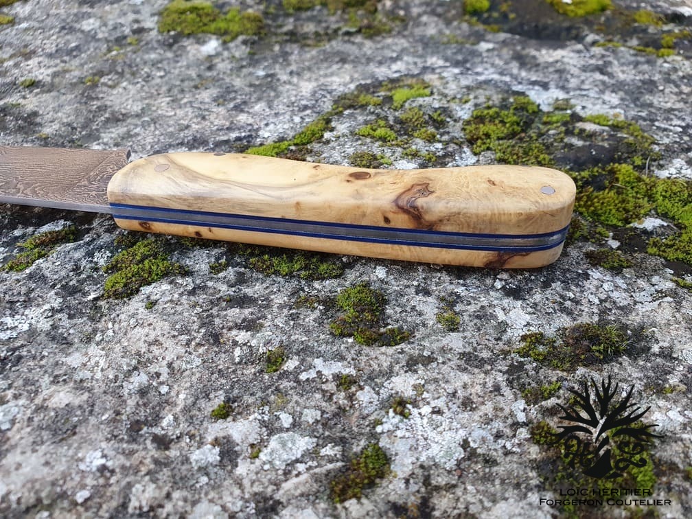 Le Pique-Bouffigue <br>Lame en acier Damas 240 couches<br> Manche en buis du Luberon <br> intercalaires bleues – Image 4