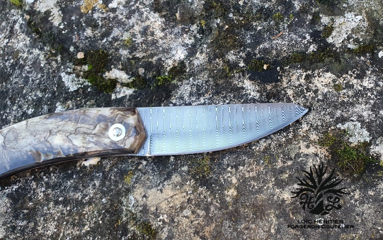 Couteau Pliant "L'Assalis" en Acier damas, manche en corne de bélier – Image 3
