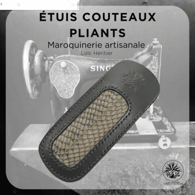 Étui en cuir pour Couteaux Pliants <br> couleur Noir et cuir marin gris <br> Collection "Elégance"