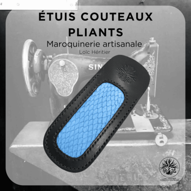 Étui en cuir pour Couteaux Pliants <br> couleur Noir et cuir marin bleu <br> Collection "Elégance"
