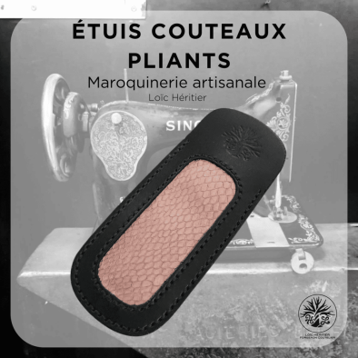 Étui en cuir pour Couteaux Pliants <br> couleur Noir et cuir marin rose <br> Collection "Elégance"