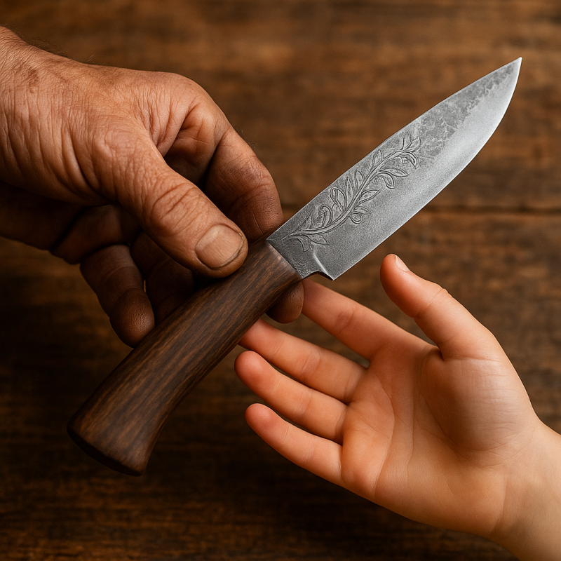 Transmission d’un couteau entre une main adulte et une main d’enfant